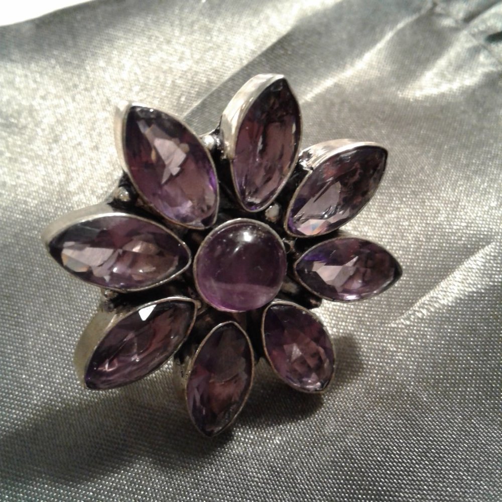 Large Artisan Amethyst Flower Ring Stamped 925